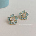 Mint Enamel Camellia Flower Stud Earrings Gold Rim CZ view 4