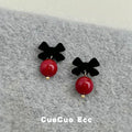 Black Flocked Bow Burgundy Ball Drop Stud Earrings Pair view 3