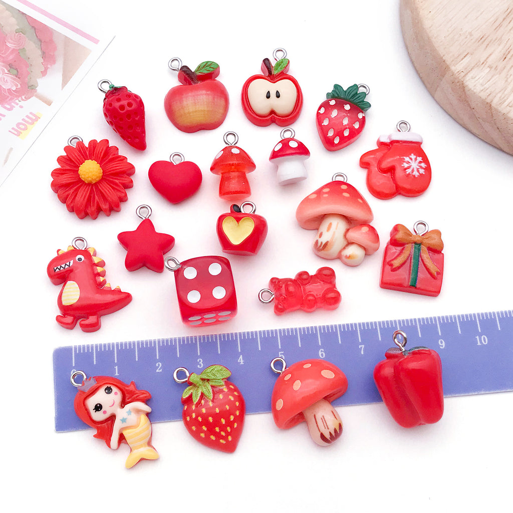Red Resin Cartoon Apple Strawberry Cherry Charm Pendants for DIY Bracelet Necklace