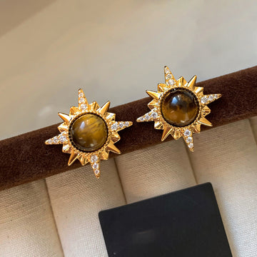 Gold Tone Sunburst Stud Earrings with Brown Stone Style Centers