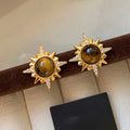 Gold Tone Sunburst Stud Earrings with Brown Stone Style Centers view 1