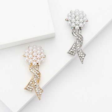 Pearl Bouquet Brooch Crystal Ribbon Bow Silver and Gold