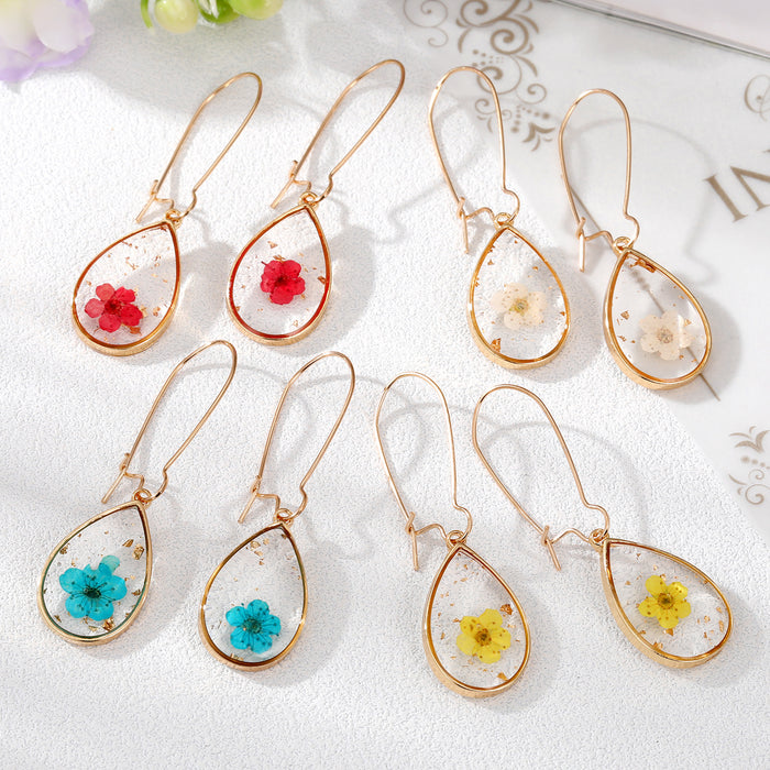 Gold Tone Large Clear Resin Pressed Flower Teardrop Earrings
