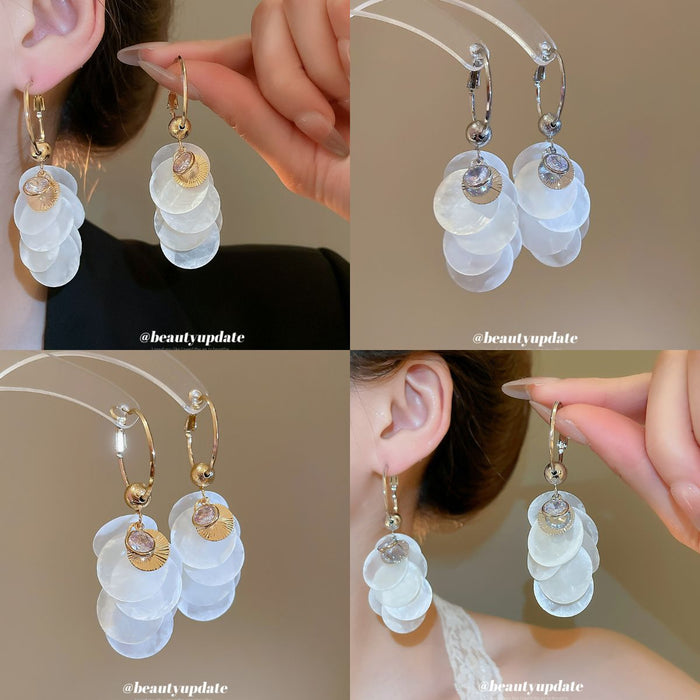 White Shell Disc Cluster Hoop Earrings in Silver and Gold Tones