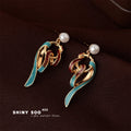 Gold Tone Aqua Red Ribbon Swirl Pearl Top Drop Stud Earrings view 1