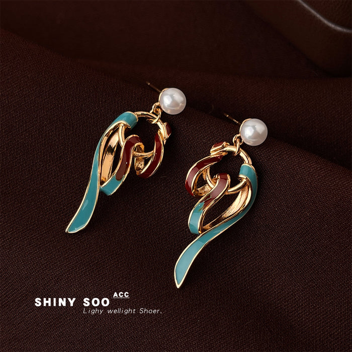 Gold Tone Aqua Red Ribbon Swirl Pearl Top Drop Stud Earrings