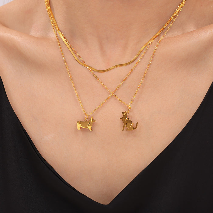 Layered Mechanical Cat Dog Pendant Necklaces Gold Snake Chain