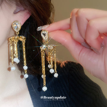 Gold Tone Crystal Bar Fringe Earrings with Pearl Drops