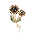 Rhinestone Dual Sunflower Brooch Gold Tone Green Leaf Pin view 5