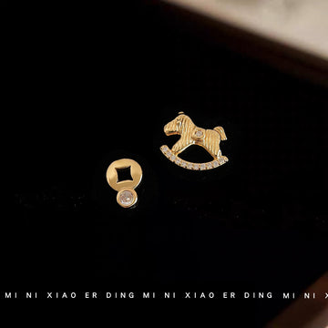Gold Tone Rocking Horse And Clear Stone Asymmetric Stud Earrings