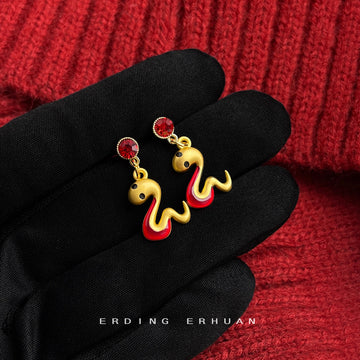 Gold-Tone Red Crystal Stud Snake Charm Drop Earrings
