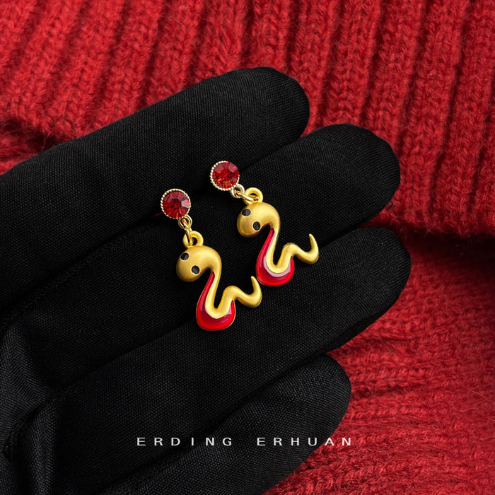 Gold-Tone Red Crystal Stud Snake Charm Drop Earrings