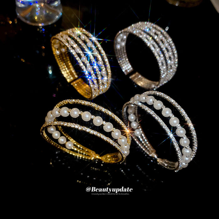 Three Or Five Row Pearl Like Crystal Open Cuff In Gold Or Silver Tone