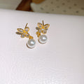 Butterfly and Pearl Drop Stud Earrings in Gold and Silver view 6