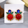 Ornate Red and Green Round Center Leaf Statement Stud Earrings view 6