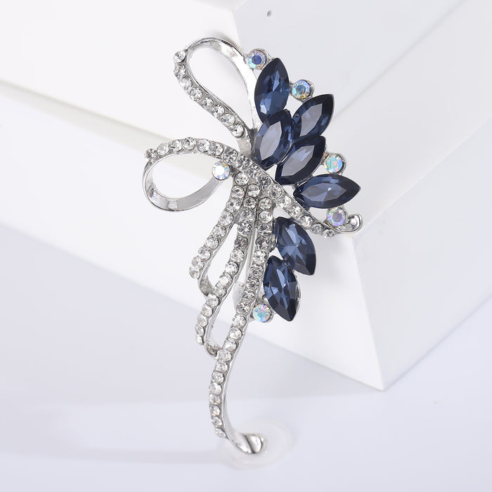 Silver Rhinestone Bow Brooch Navy Marquise Flower Pin