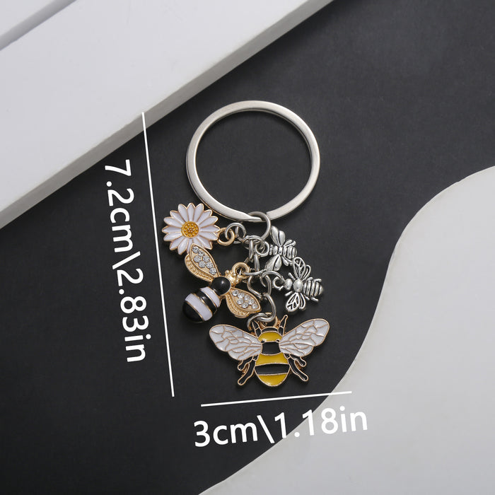 Bee Daisy and Honeycomb Silver Tone Metal Keychain