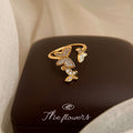 Gold Tone Clear Stone Leaf Branch And Butterfly Open Adjustable Ring view 3
