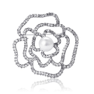 Open Crystal Camellia Brooch in Gold and Silver Tones