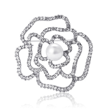 Open Crystal Camellia Brooch in Gold and Silver Tones