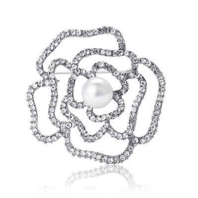 Open Crystal Camellia brooch shown in front product view