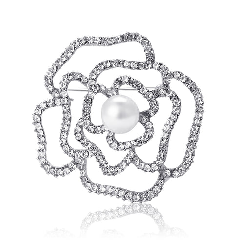 Open Crystal Camellia brooch shown in front product view