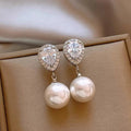 Silver Tone Teardrop Clear Stone Faux Pearl Drop Earrings view 2