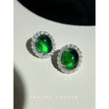 Silver Oval Green Cabochon Stud Earrings Crystal Halo view 3