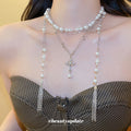 Silver Tone Layered Pearl Cross and Tassel Necklace view 1