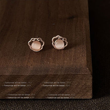 Rose Gold Tone Scalloped Frame Pink Pearlescent Stud Earrings