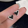 Black Heart Enamel Stud Earrings Silver CZ Border Pair view 2