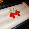 Gold Tone Red Enamel Maple Leaf Drop Huggie Earrings view 2