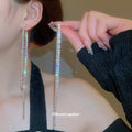 Long Silver Tone Crystal Chain Statement Tassel Earrings view 3
