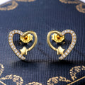 Gold Tone Open Heart Cat Stud Earrings With Clear Stones view 2