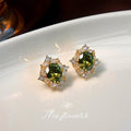 Gold Tone Dark Green Oval Stone Clear Halo Stud Earrings view 4