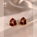 Gold Rim Wine Red Enamel Woven Geometry Stud Earrings view 1