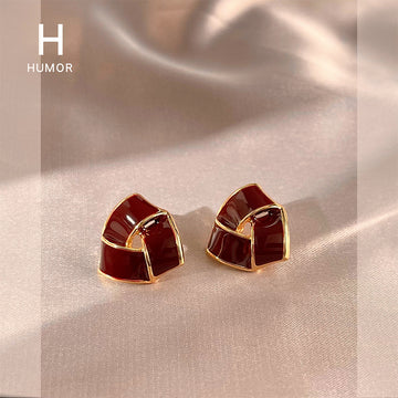 Gold Rim Wine Red Enamel Woven Geometry Stud Earrings