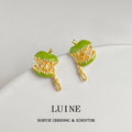 Gold Tone Green Apple Enamel Lattice Drop Stud Earrings view 1