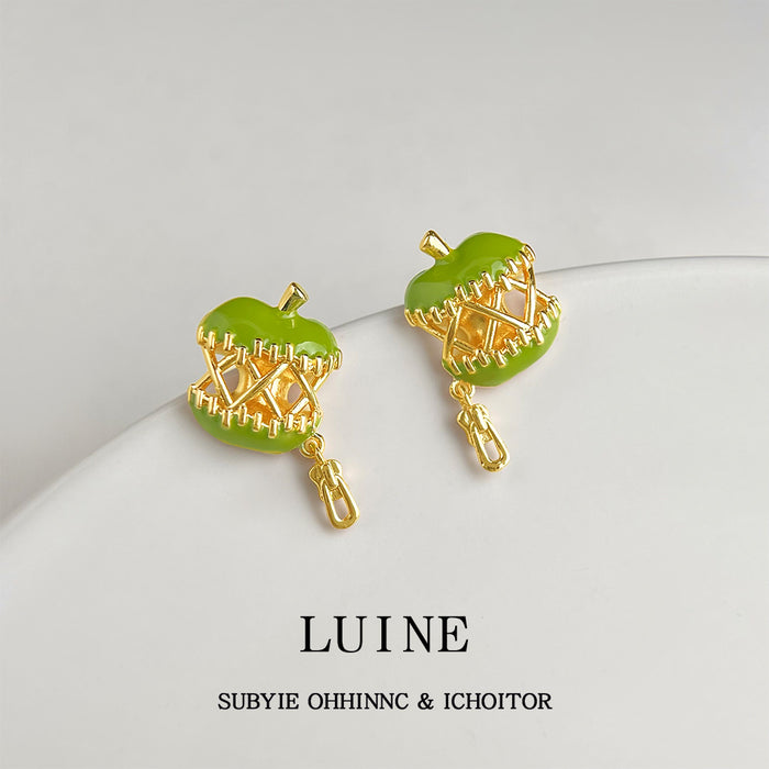 Gold Tone Green Apple Enamel Lattice Drop Stud Earrings