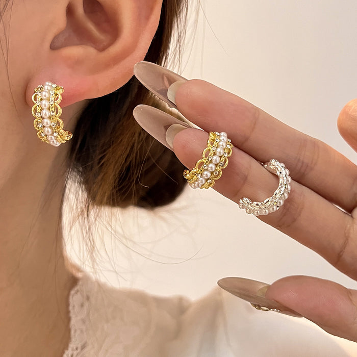 Gold and Silver Pearl Look C Shape Huggie Stud Earrings