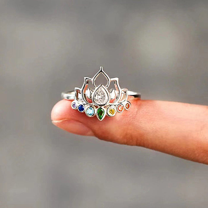 White Gold Tone Lotus Multicolor Crystal Ring Sizes 6-10