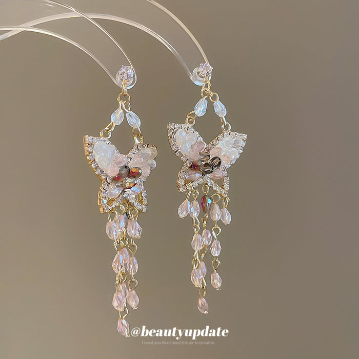 Pink Crystal Butterfly Long Tassel Stud Earrings Jewelry Pair