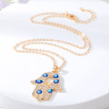 Gold Tone Crystal Open Hamsa Evil Eye Pendant Necklaces in Five Styles view 4
