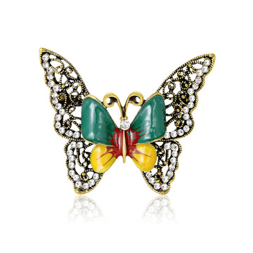 Enamel Butterfly Brooch Filigree Wings Rhinestone Frame Pin