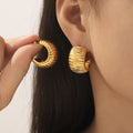 Ribbed Stripe C-Shape Hoop Earrings Gold Steel Pair view 1