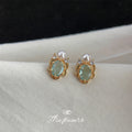 Gold Tone Aqua Oval Stone White Pearl And Clear Stone Stud Earrings view 4