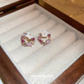 Gold Tone Pink Crystal Pearl Floral Wreath Stud Earrings view 2