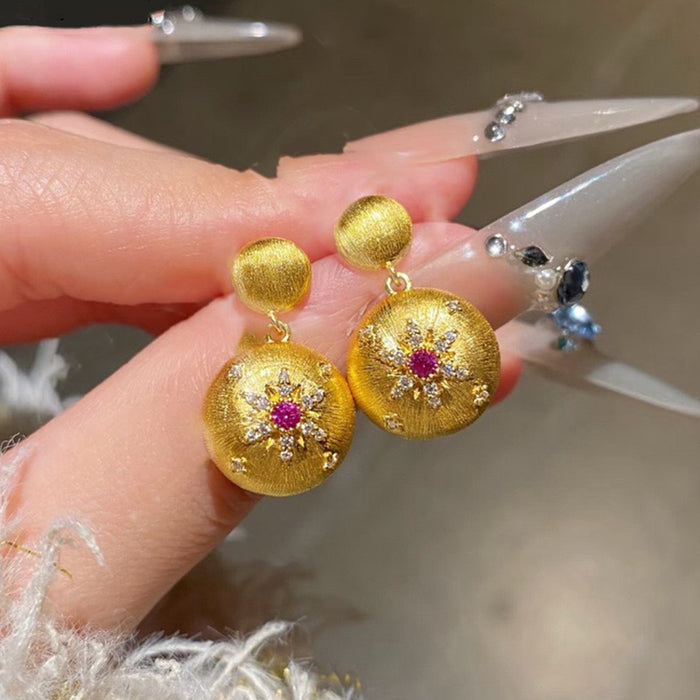 Gold Tone Textured Disc Drop Earrings With Multicolor Floral Centers