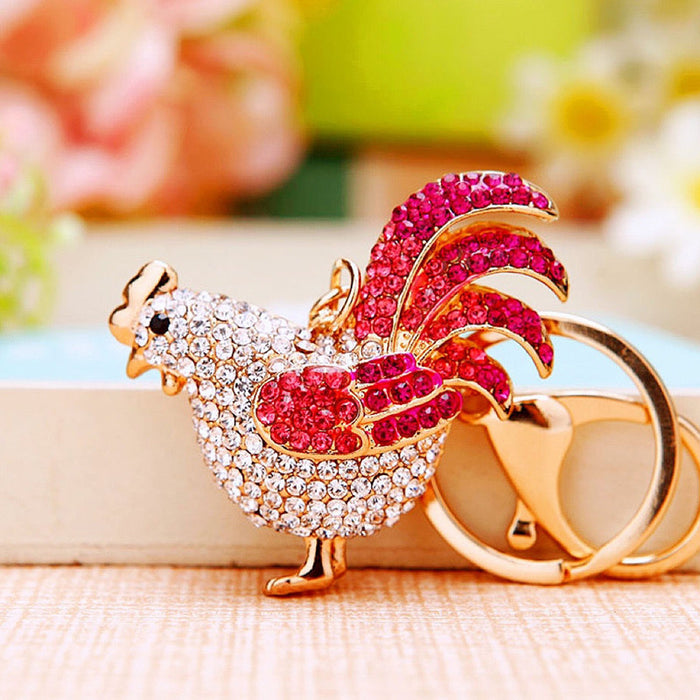 Jeweled Rooster and Hen Keychains with Bare Braided Wrist Loops