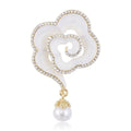 Enamel Camellia Brooch Rhinestone Edge Pearl Drop Pin view 1